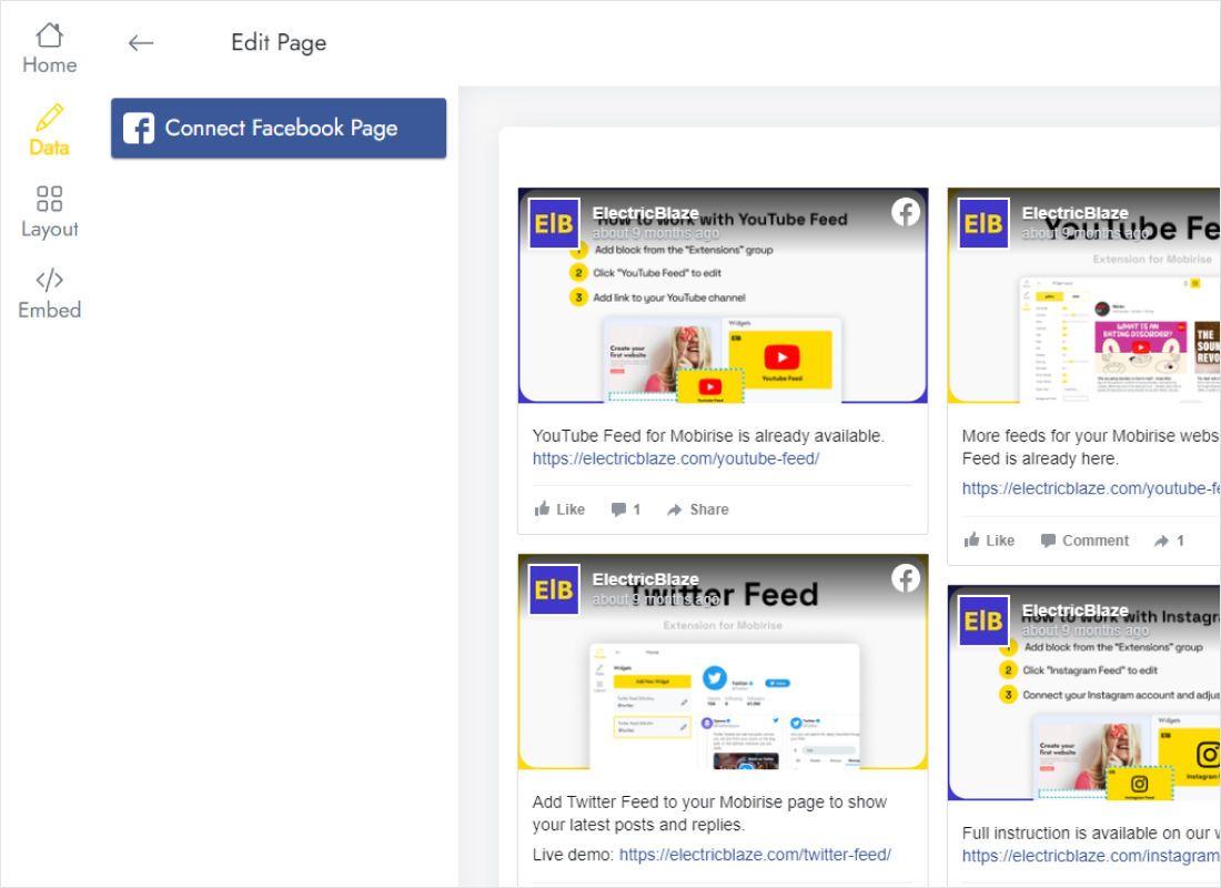 Data tab with the Connect Facebook Page button