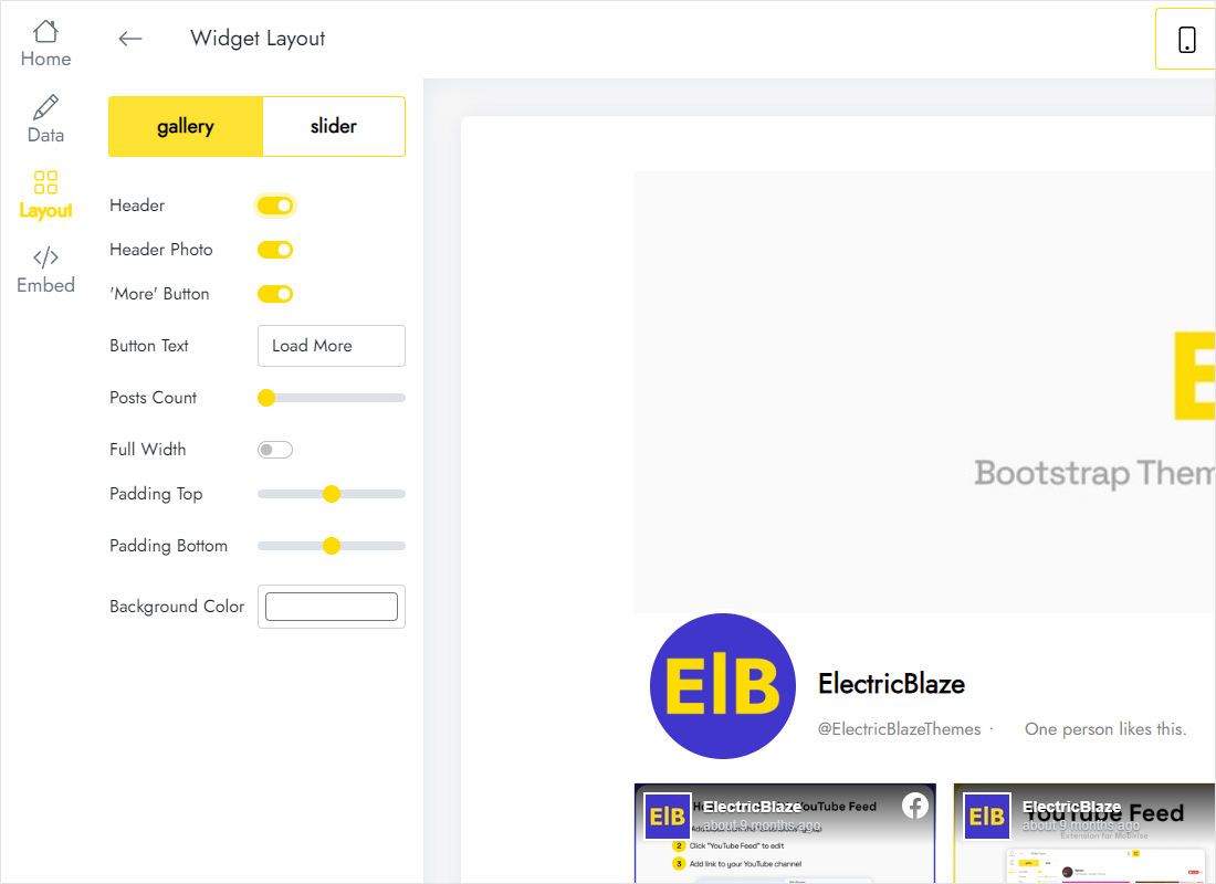 Layout tab with Gallery and Slider options next to a live preview