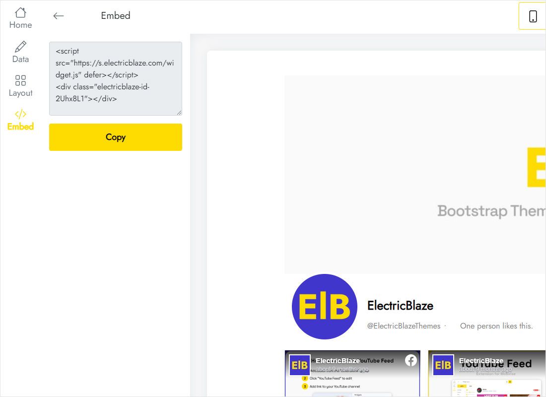Add to website dialog showing the Facebook feed code ready to copy