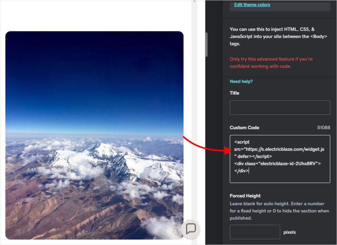 Paste the code into the Custom Code field. Leave Forced Height empty for automatic height or enter a value in 
