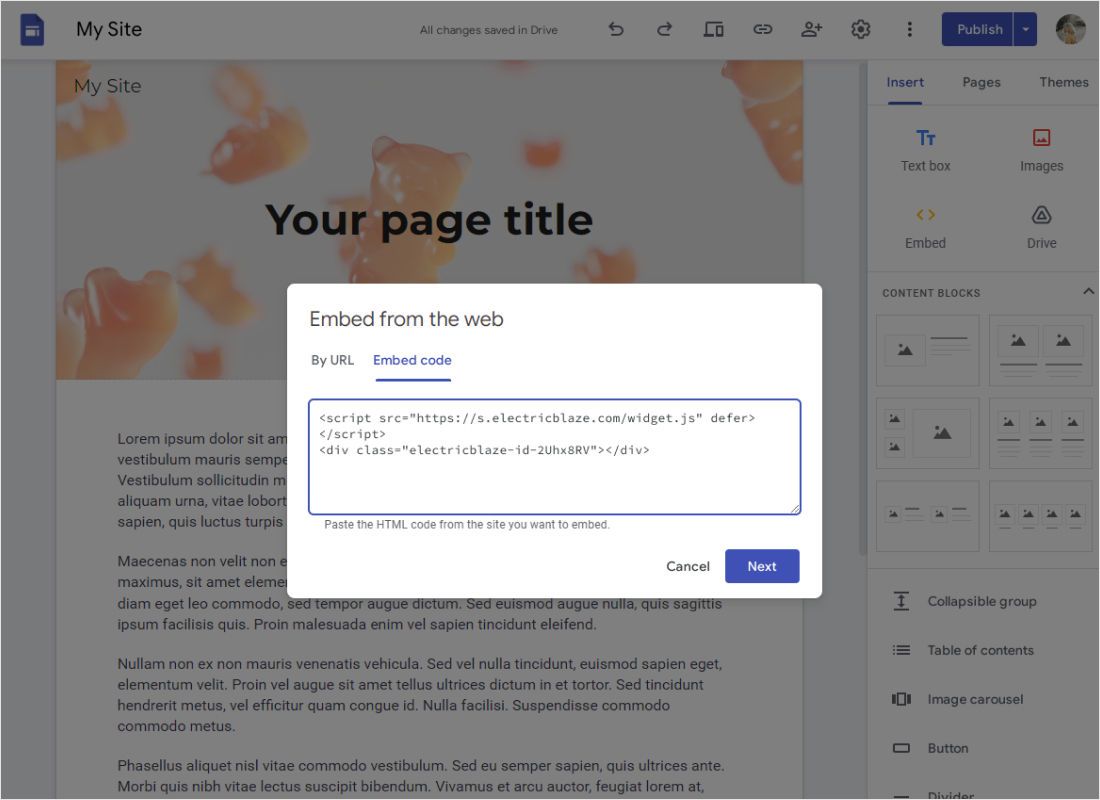 In Embed from the web switch to Embed code , paste the HTML snippet and click Next , then Insert after the pre
