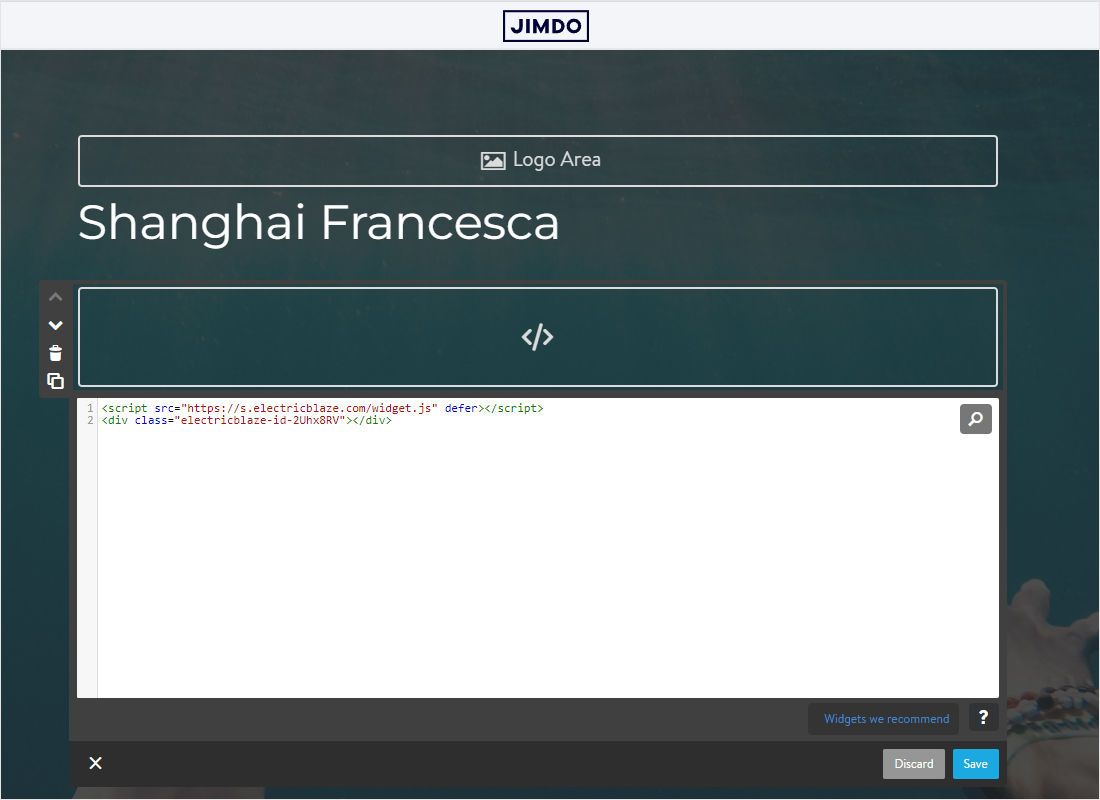 Click into the new element: a code editor appears right below it. Paste the ElectricBlaze code into that edito