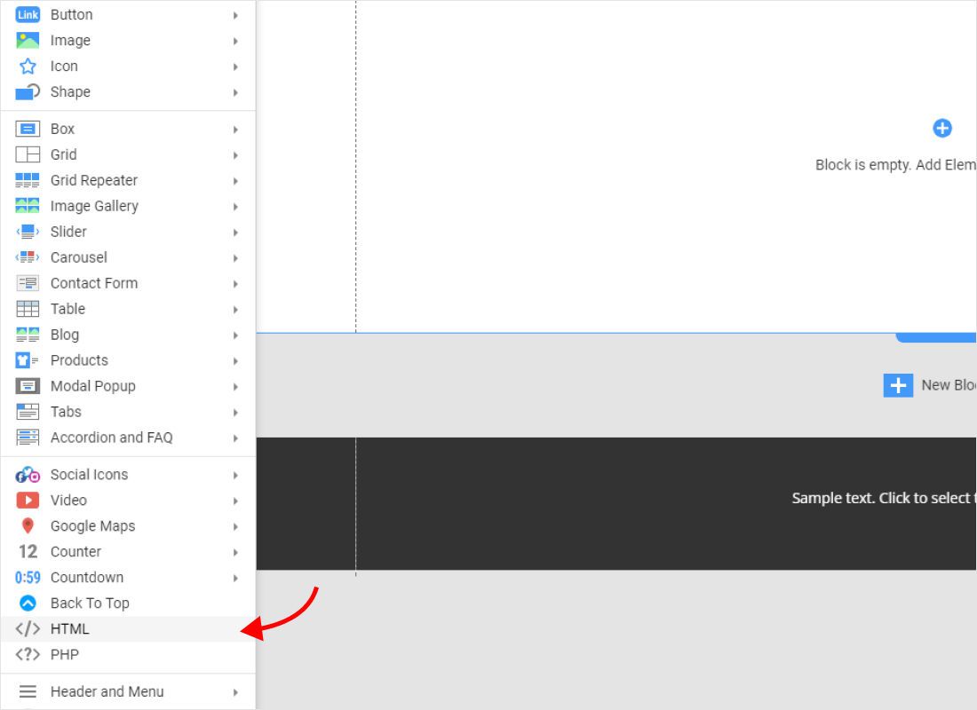 The elements menu opens. Near the bottom, below Back To Top, click HTML , the entry with angle brackets rather