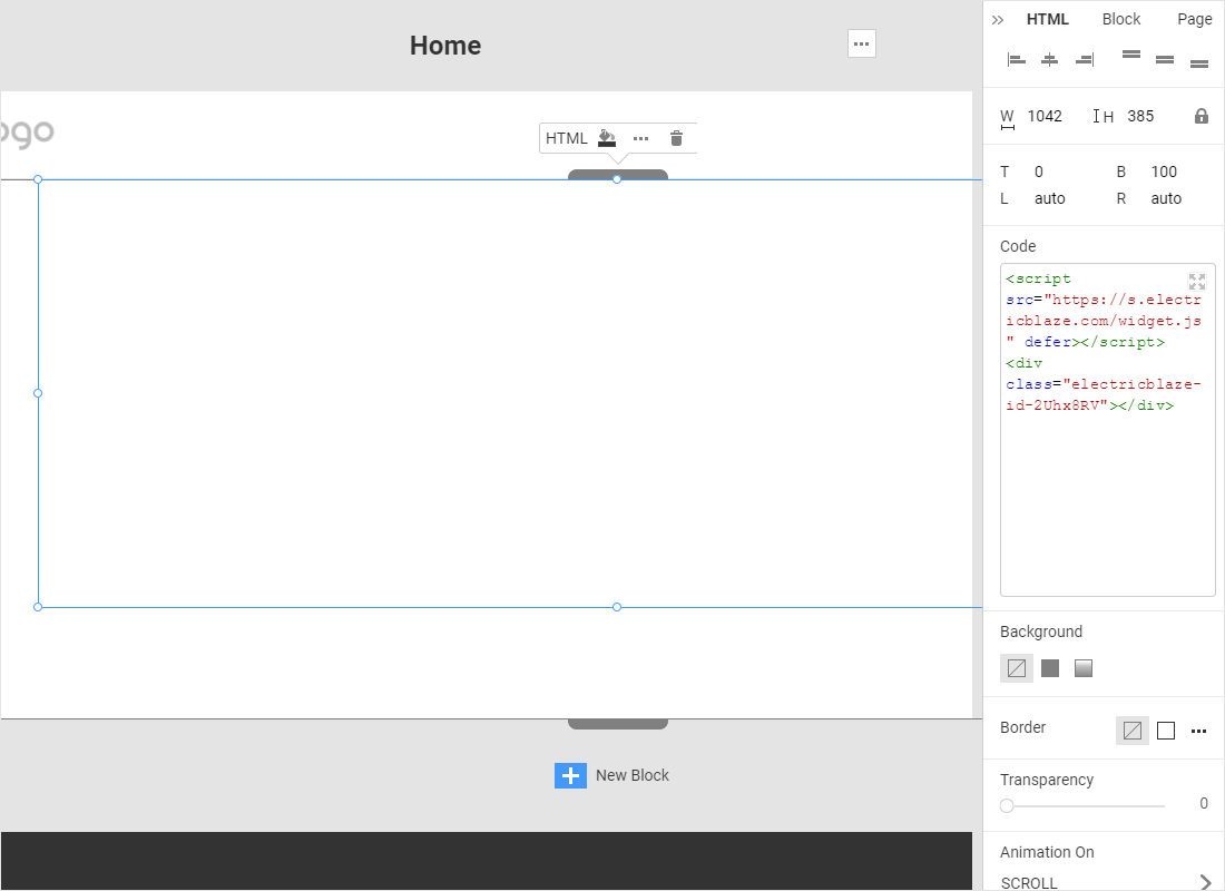 With the new box selected, paste the snippet into the Code field of the Property Panel on the right, then set 