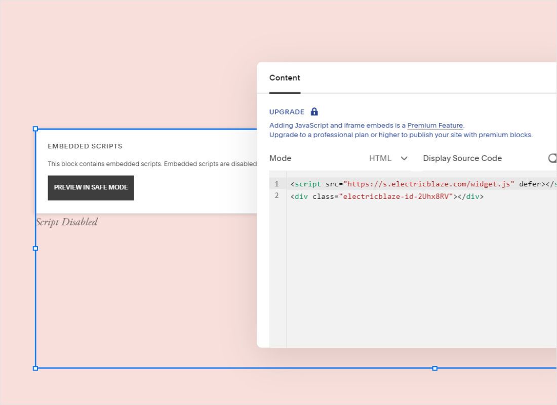 Paste the snippet into the block, keep Display Source switched off, and drag the block edges to the width you 
