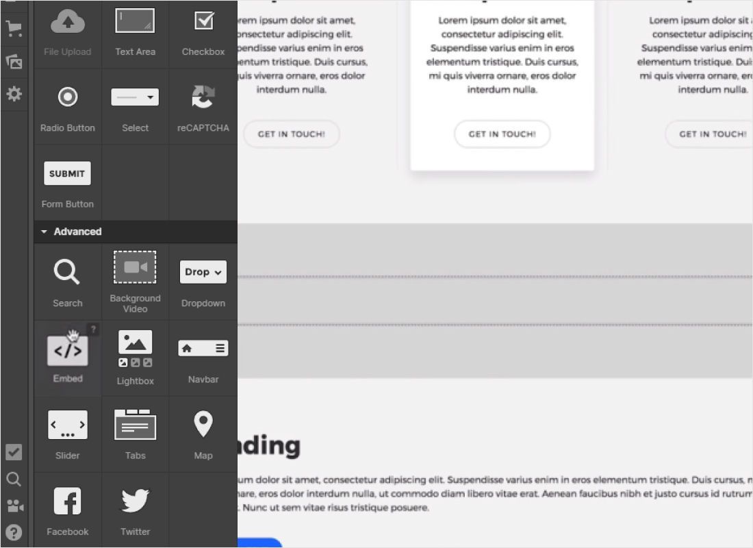 Scroll to the Advanced group and drag Code Embed (labelled Embed in older versions) into the section where the