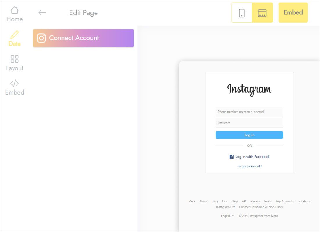 Instagram Feed editor Data tab with the button to connect an Instagram account
