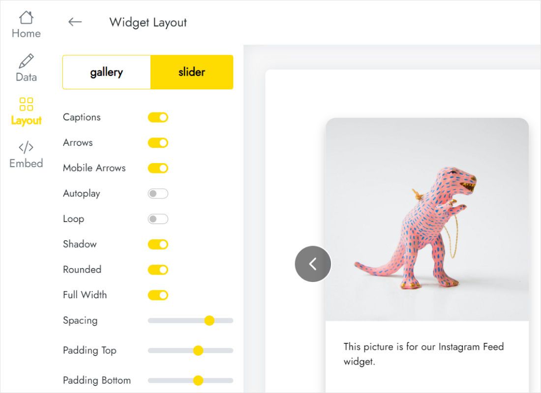 Instagram Feed editor Layout tab with grid, slider and caption settings