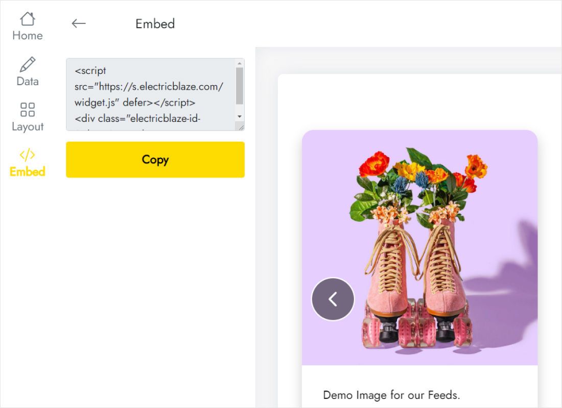 Add to website dialog with the Instagram feed embed code ready to copy