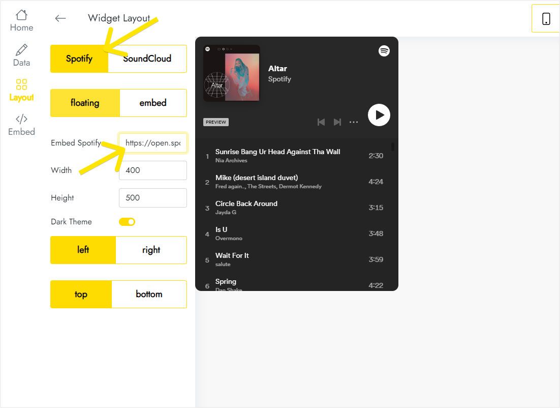 Source selector with Spotify and SoundCloud options and a field for a playlist link