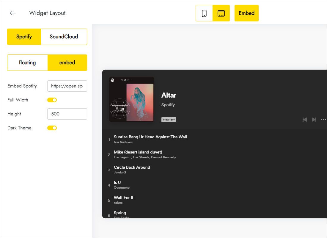 Layout tab switching the player between floating and embedded modes
