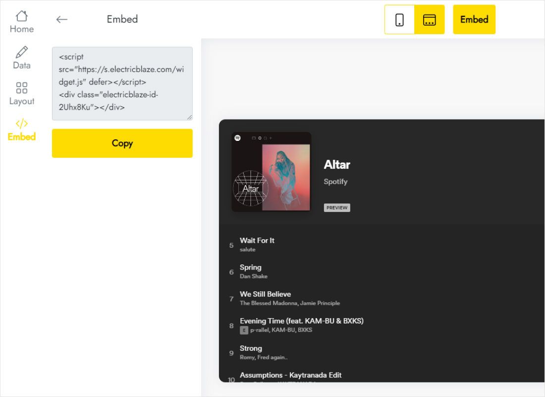 Embed dialog with the player snippet ready to copy