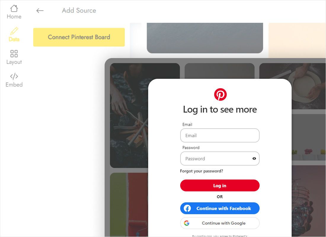 Data tab with the Connect Pinterest Board button