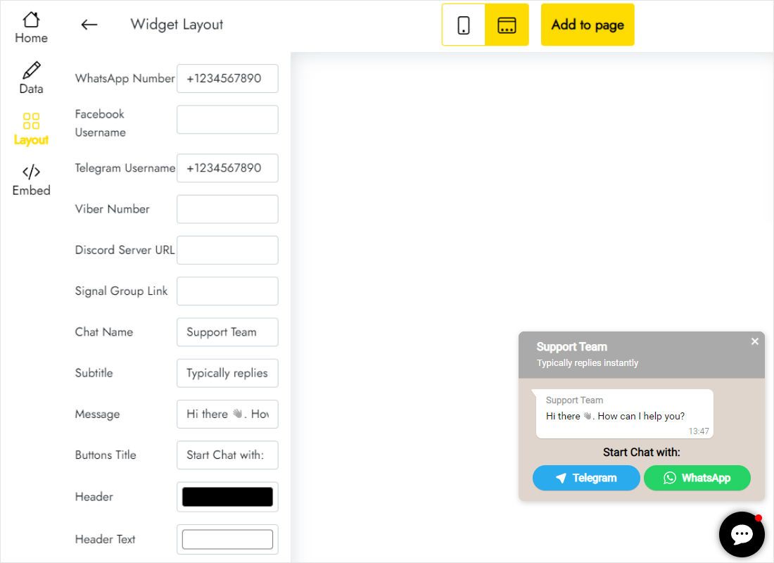 Layout tab with fields for WhatsApp number, Telegram username and other contacts