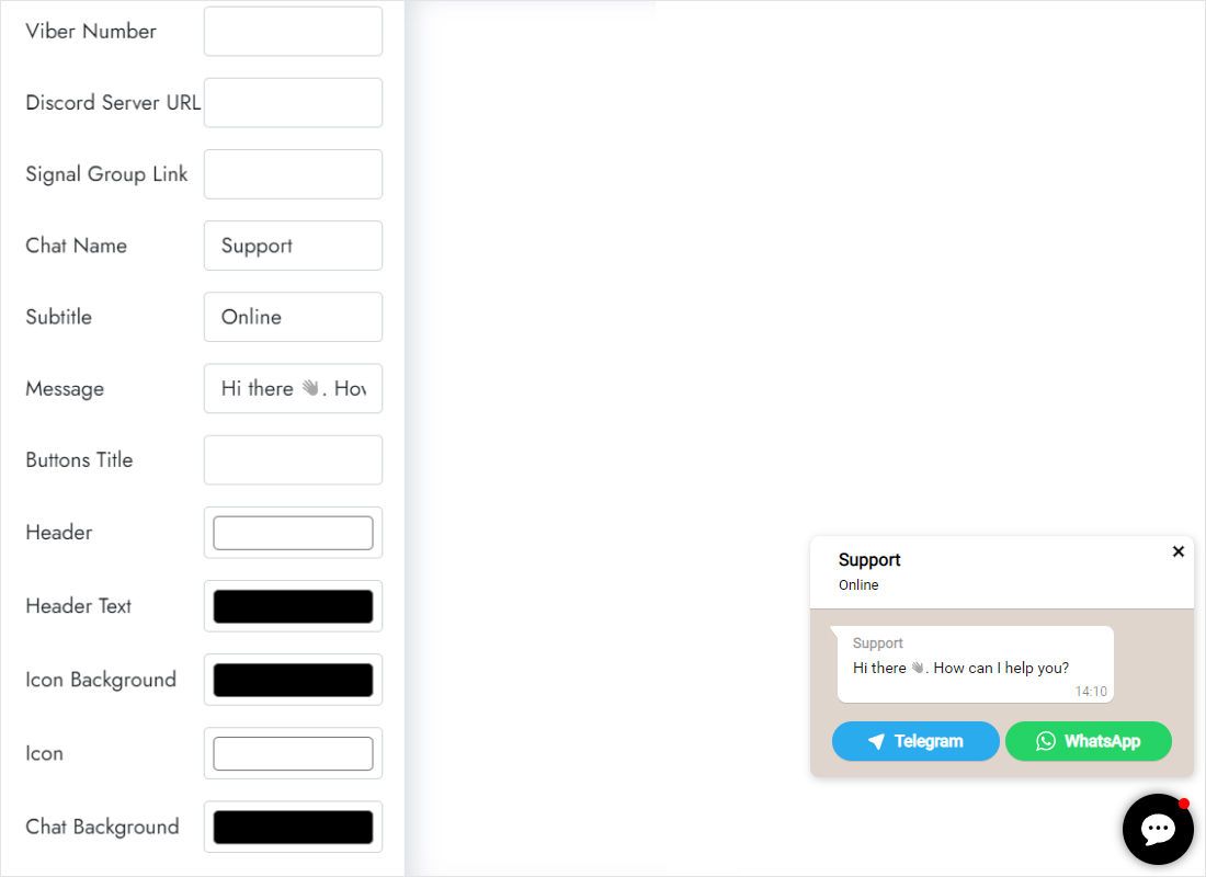 Caption and colour settings for the chat popup header and icon