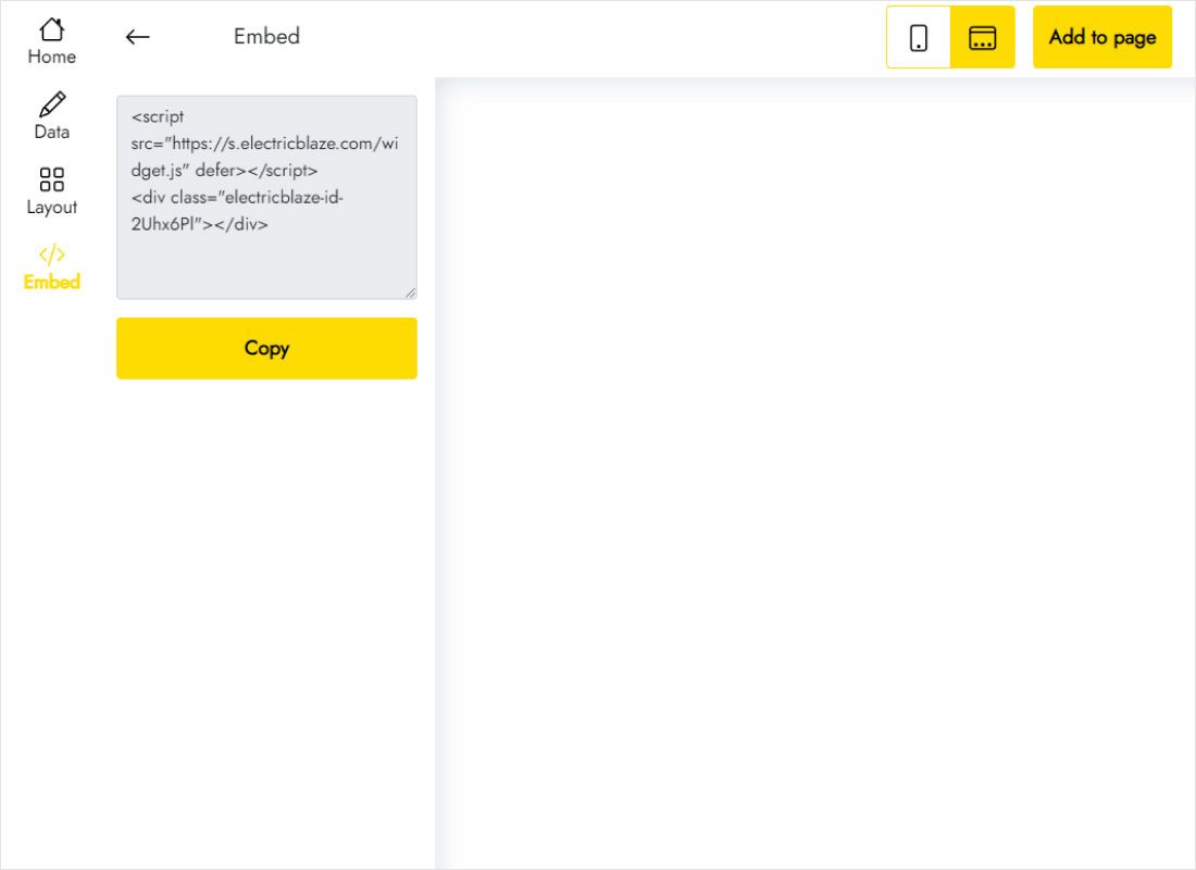 Add to website dialog with the chat popup snippet ready to copy