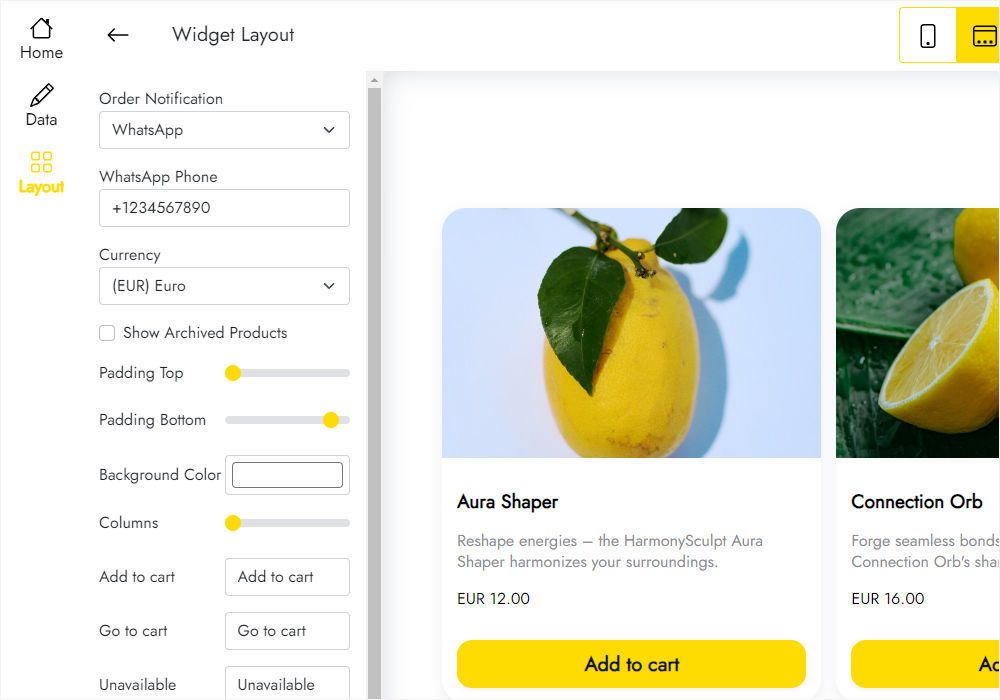Shop Settings with WhatsApp and email order options