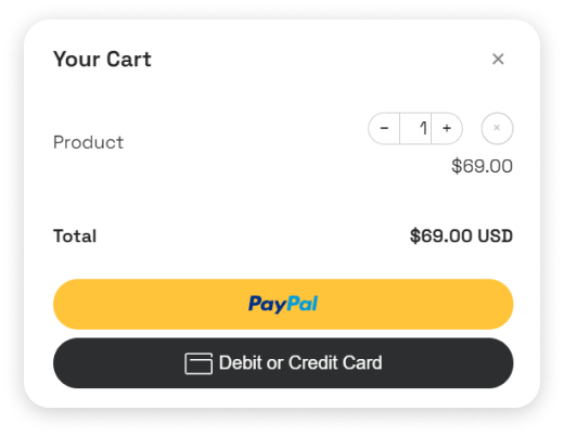 Order window with items, quantities and a checkout button