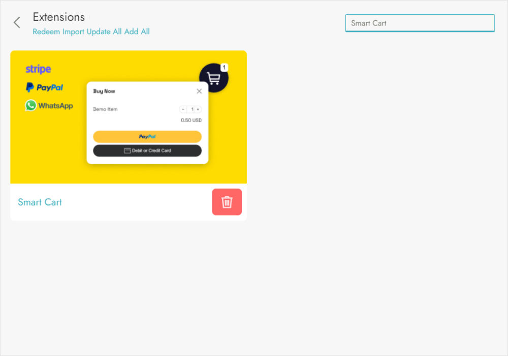 Mobirise Extensions panel with the Smart Cart extension