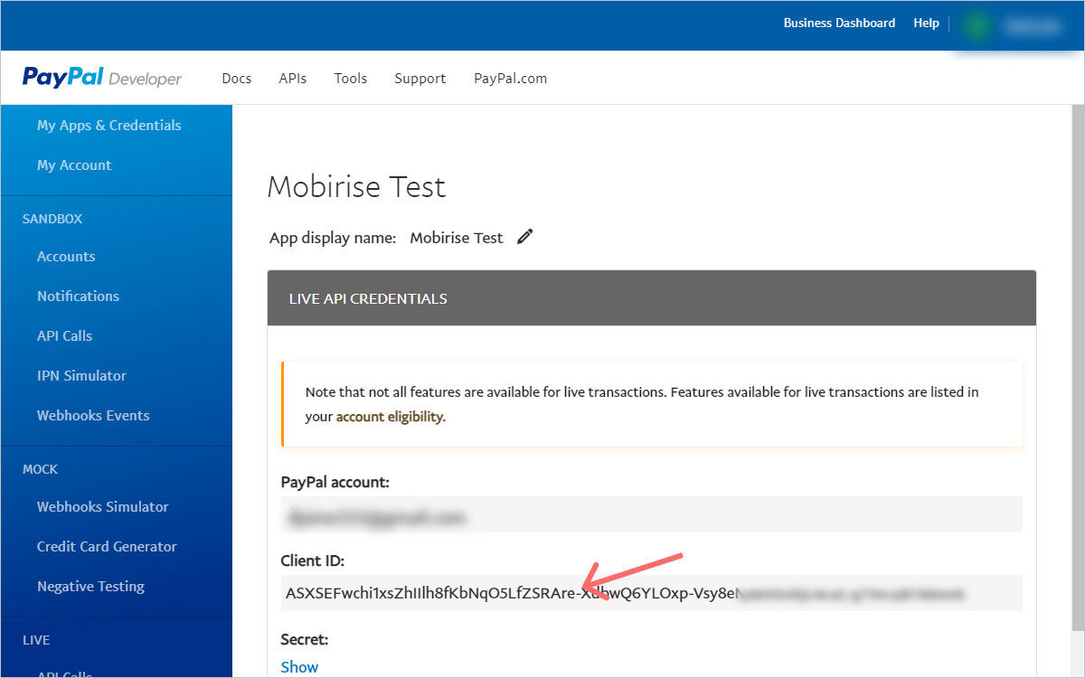 Live app details in PayPal showing the client ID to copy