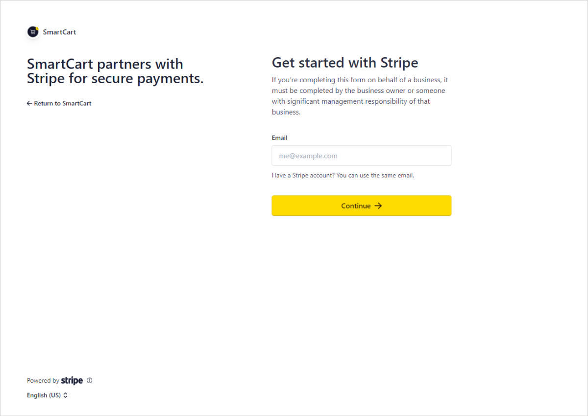Stripe onboarding form for connecting an account to Smart Cart