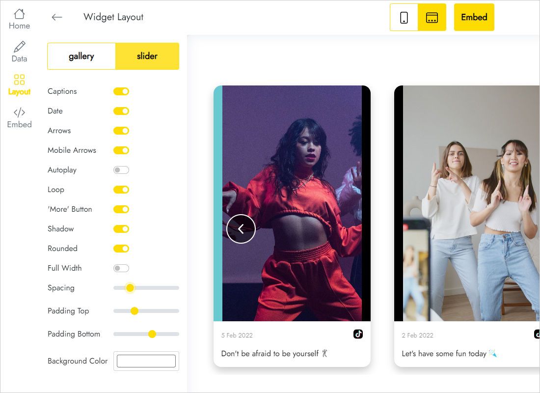 Layout tab showing Gallery and Slider options for short videos