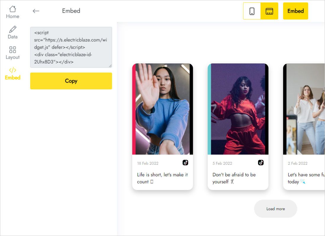 Add to website dialog displaying the code snippet for the video feed