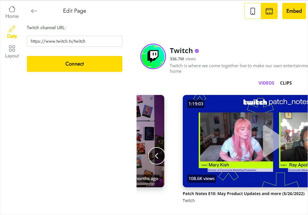 Pasting a Twitch channel link on the Data tab