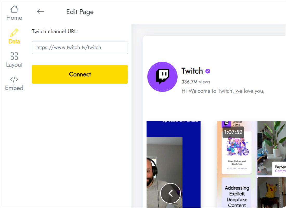 Data tab with a field for the Twitch channel link