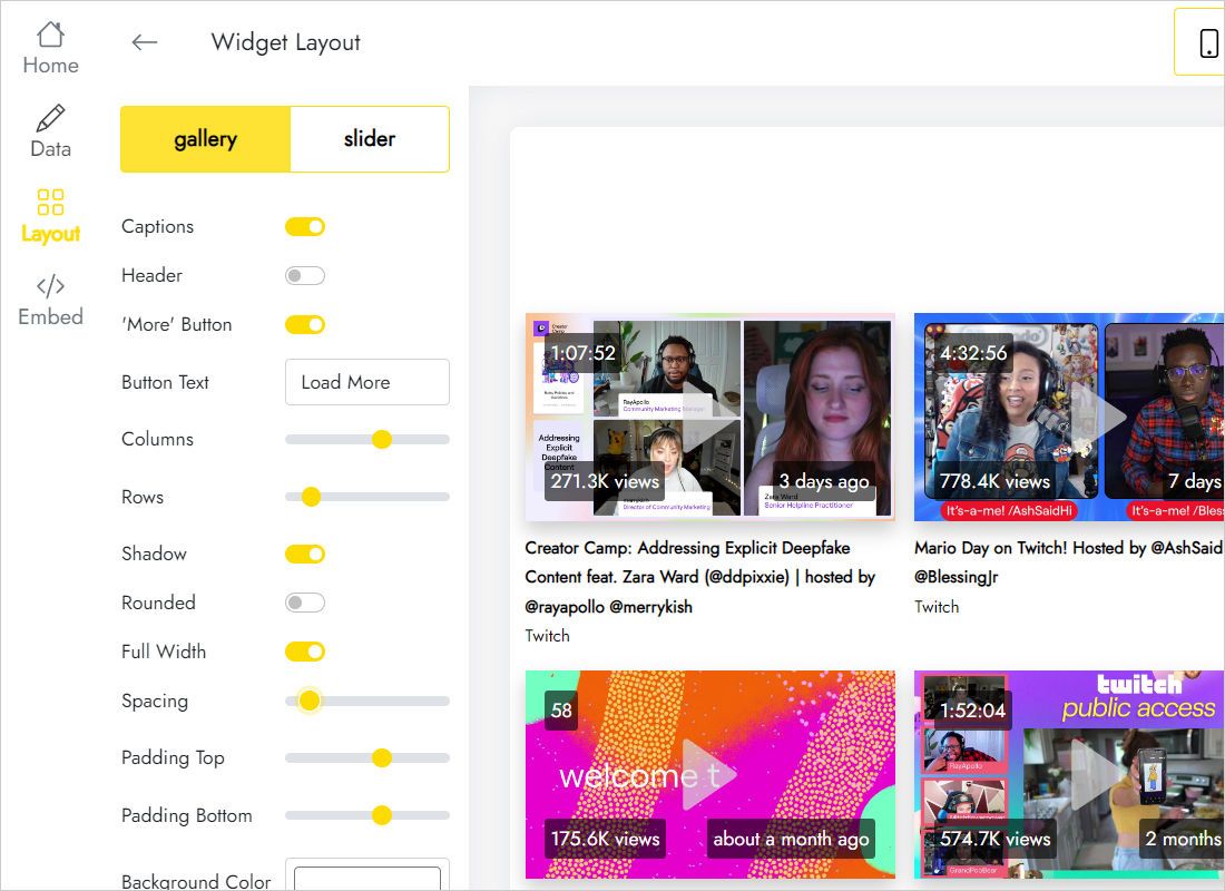 Layout tab with Slider and Gallery options for the stream feed