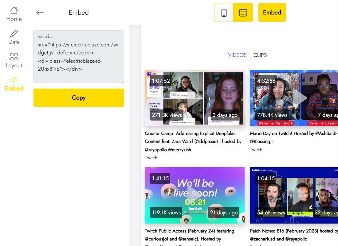 Add to website dialog showing the snippet to copy into a site