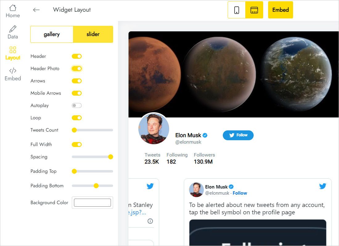 Layout tab with Slider and Gallery choices next to a live preview