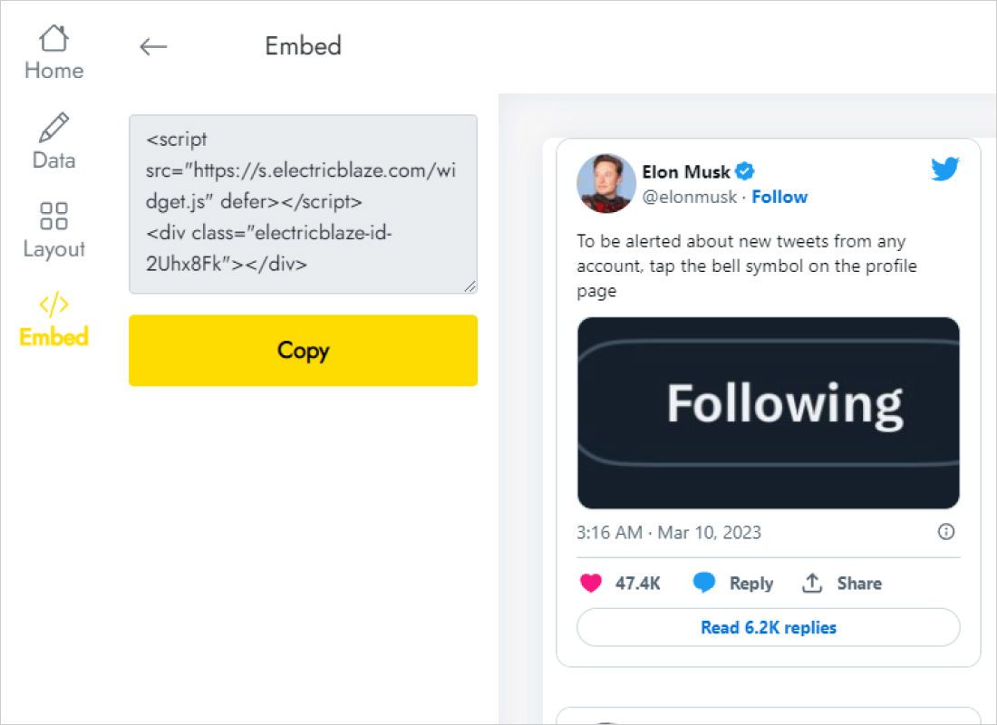 Add to website dialog with the generated snippet ready to copy