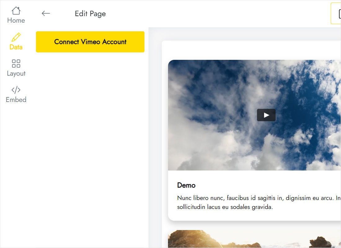 Data tab with the Connect Vimeo Account button