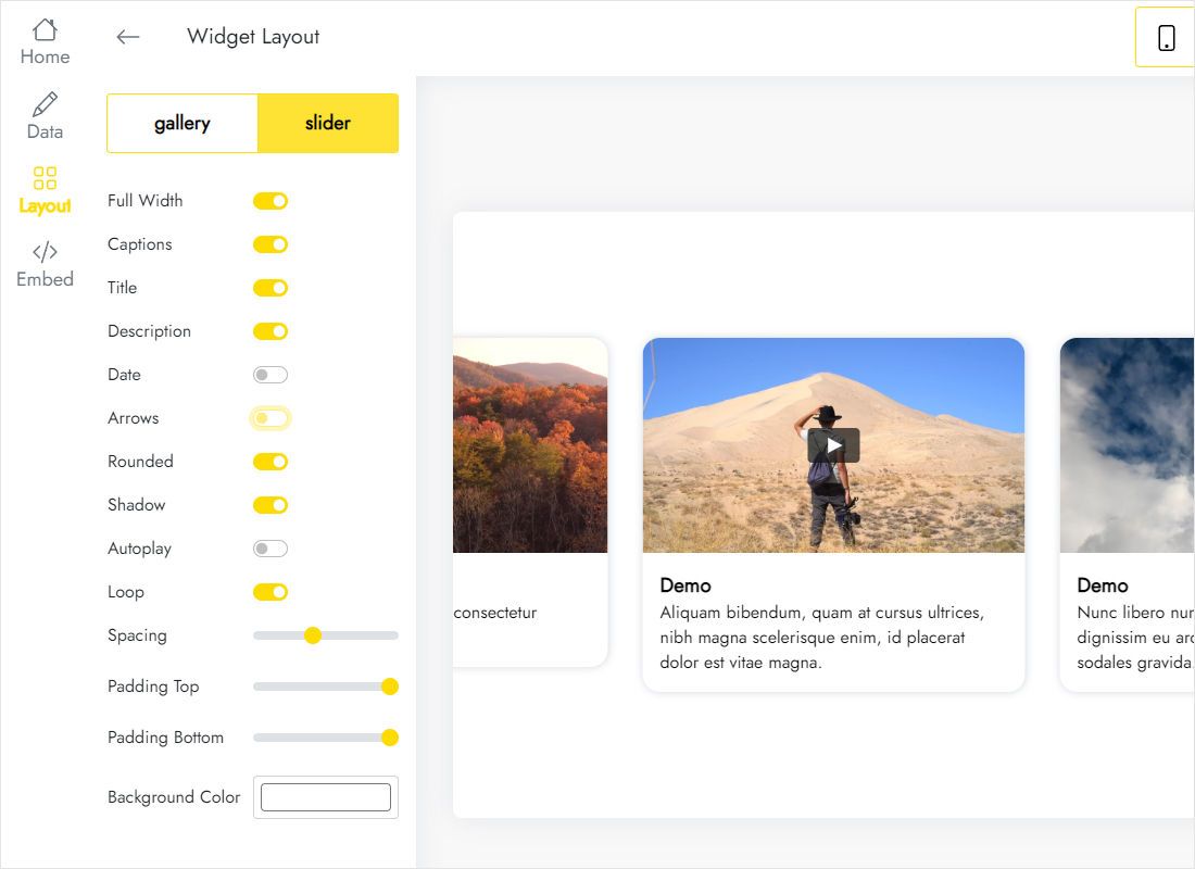 Layout tab offering Gallery and Slider for the clips