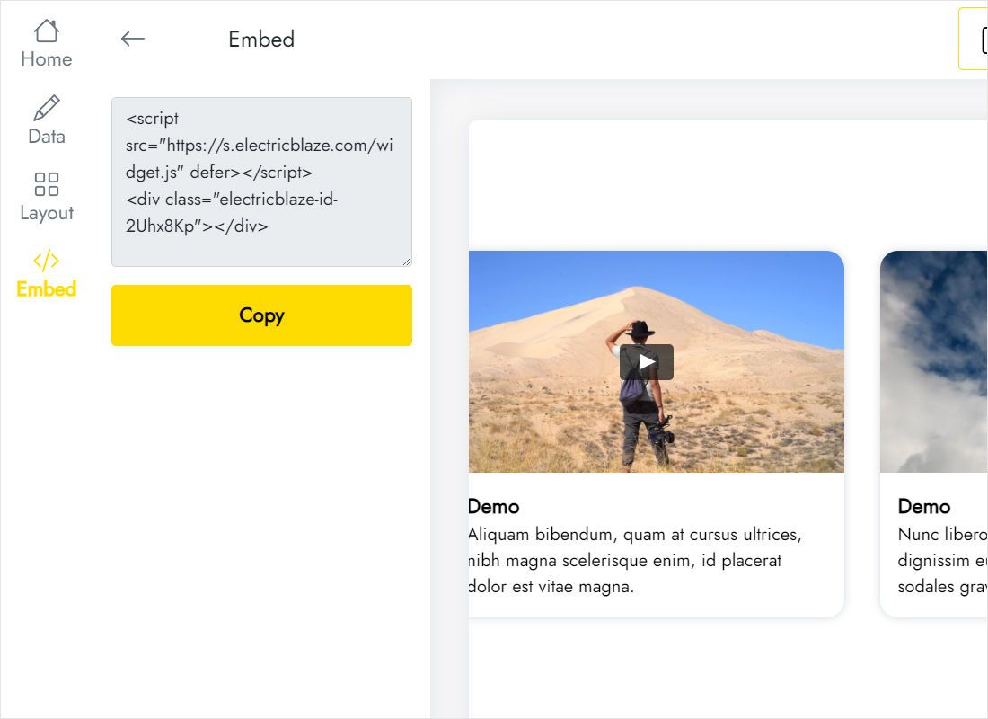 Add to website dialog showing the code snippet for the video block
