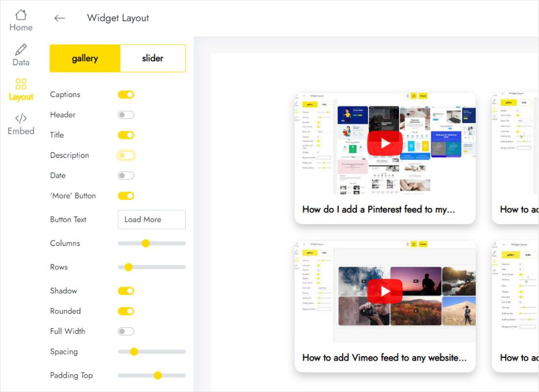 Layout tab with Slider and Gallery settings for the video block