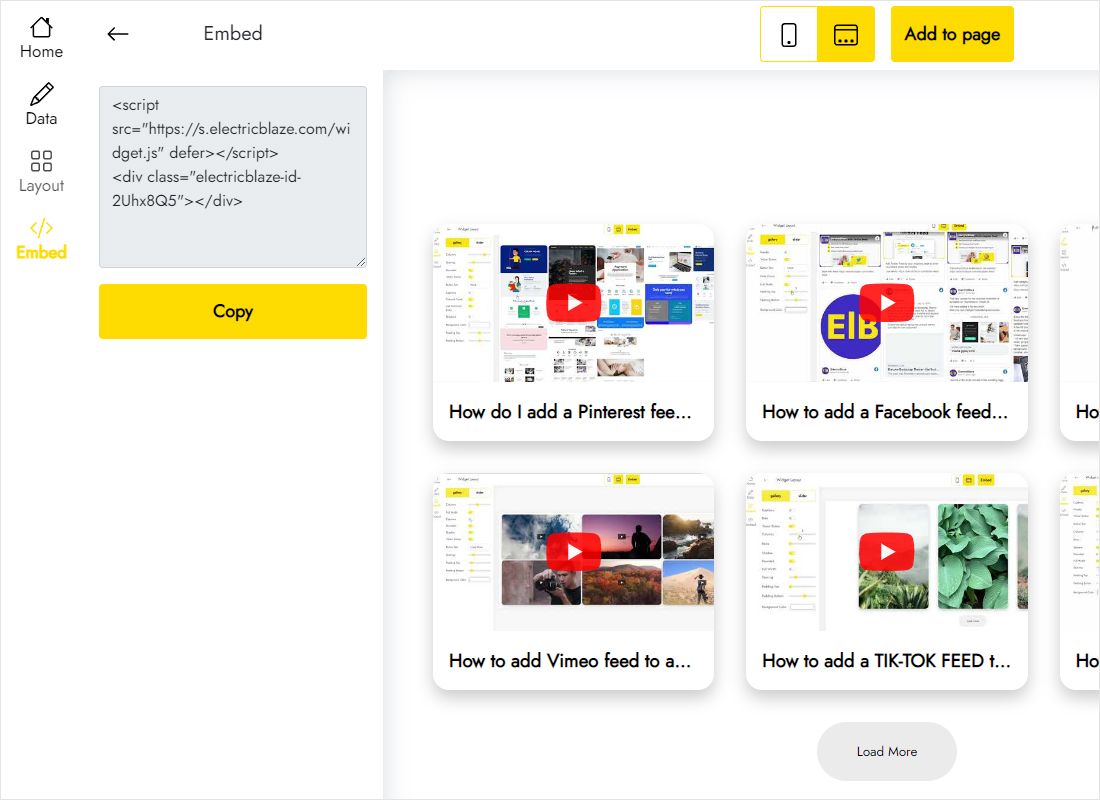 Add to website dialog with the snippet ready to copy